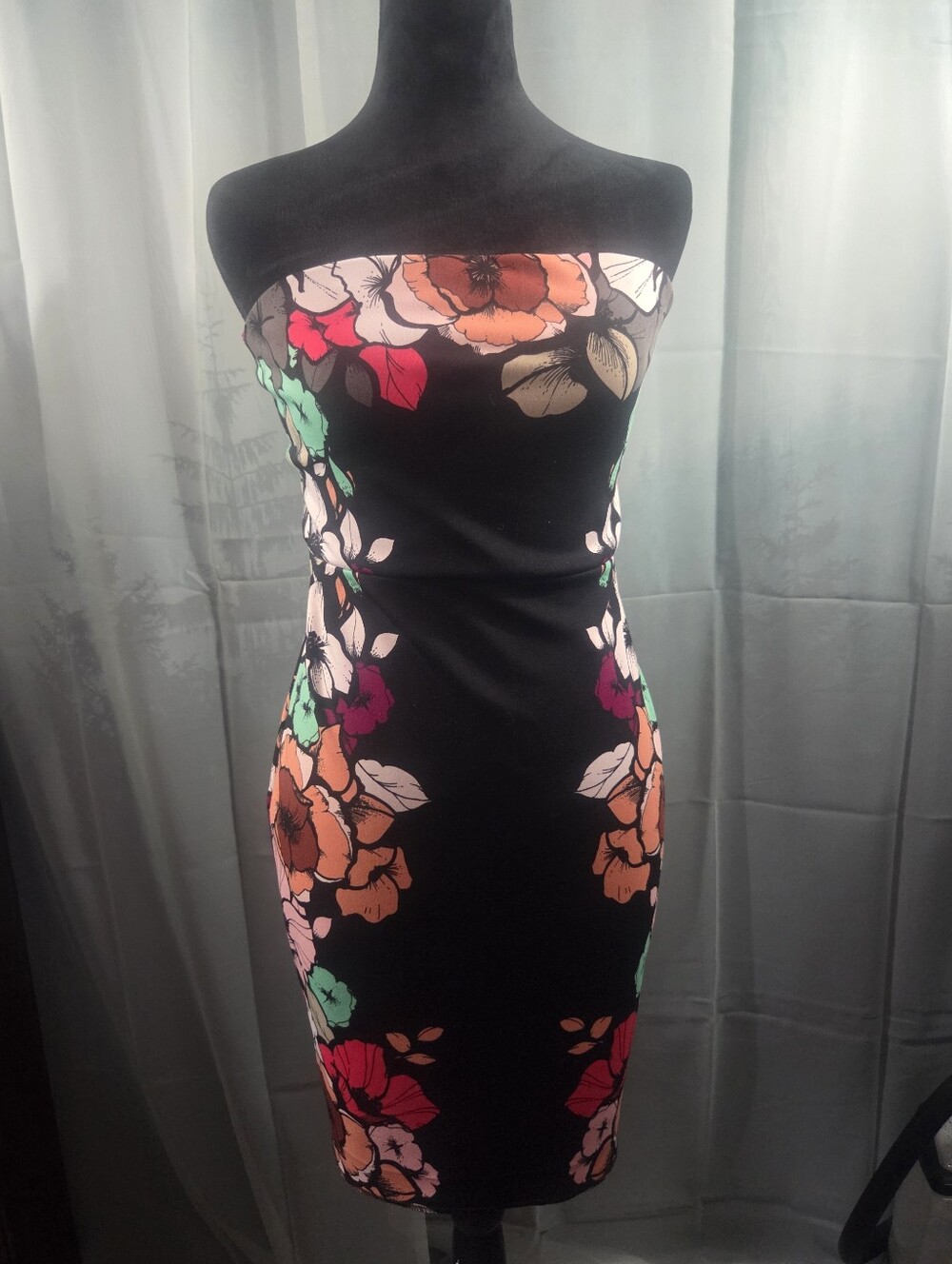Express Strapless Black Floral Sheath Dress - Orange, Pink, Green